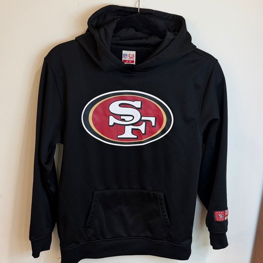 NFL San Francisco 49ers Black Hoodie w/Iconic SF Front/Sleeve logos, Youth 14-16